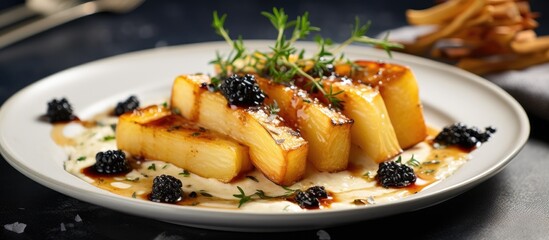 Tasty baked parsnips with sauce prunes and thyme on light grey table closeup Space for text. copy space available