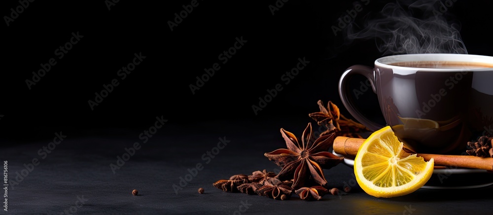 Aufkleber anise and cinnamon sticks with a cup of tea on a dark background. copy space available