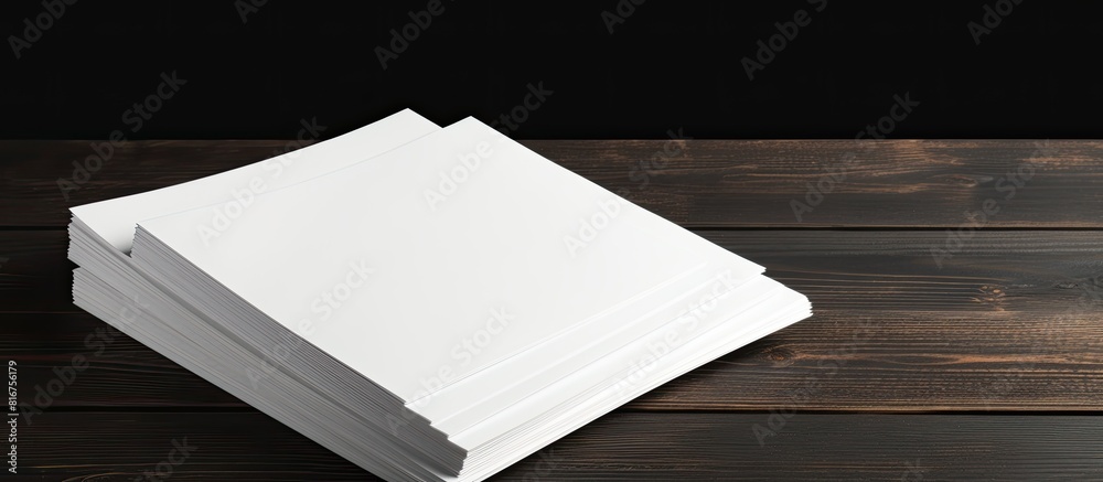 Poster A mock up of blank paper sheets for a brochure is stacked on a black wooden background creating a copy space image