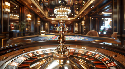Luxury casino interior roulette wheel. Generative AI.