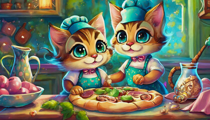 Naklejka premium oil painting style Cartoon character baby cute cat bonding while making homemade pizza together in kitchen,