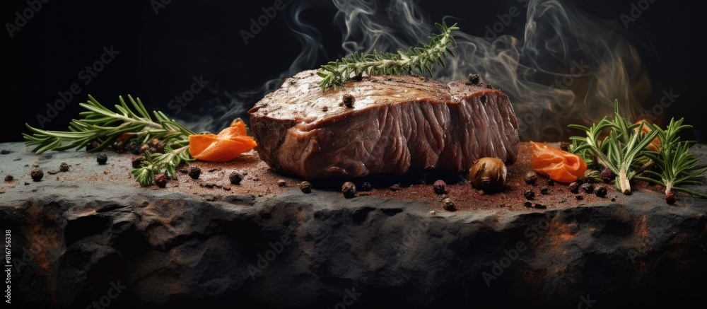 Poster Baked beef on the bone with spices on a stone background. copy space available