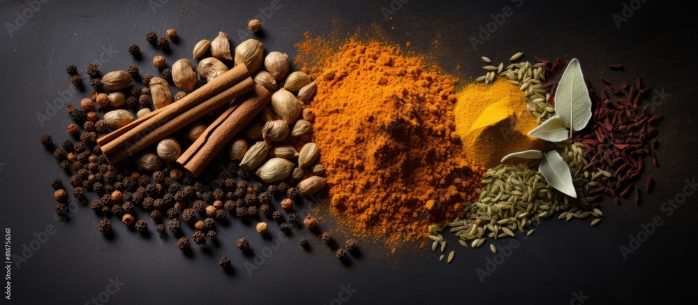 Poster Spices such as ground turmeric curcuma root cinnamon ginger and black pepper are arranged on a grey background to create a visually appealing copy space image representing the ingredients for a turme