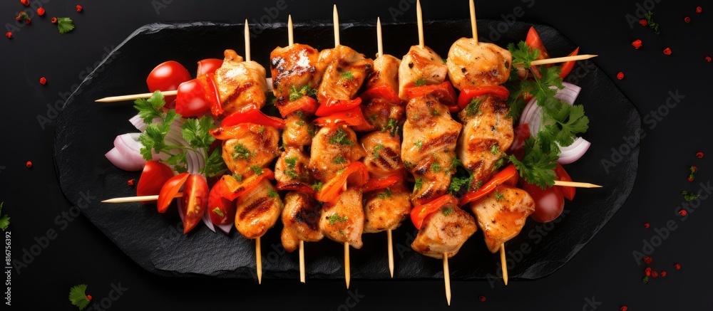Poster kebab raw chicken skewers with spices on a black plate top view free copy space