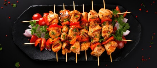 Kebab Raw Chicken skewers with spices on a black plate Top view Free copy space