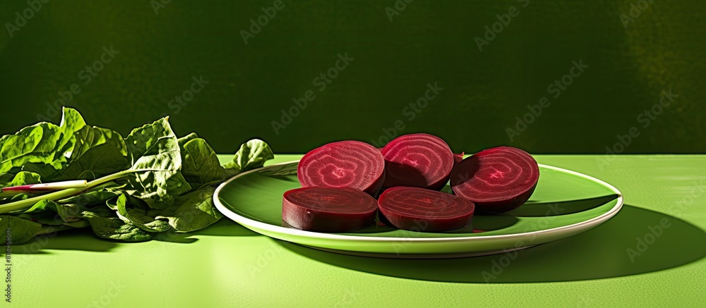 Poster sliced beets on a white plate on a green background copy space