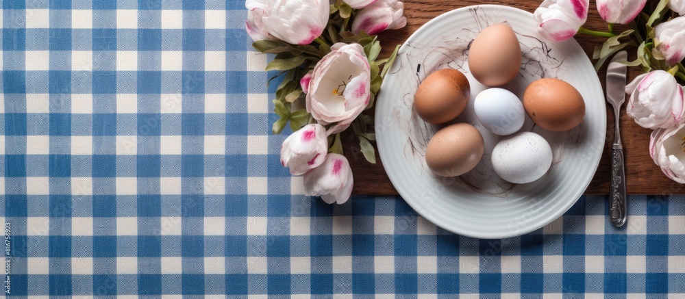 Wall mural Easter table setting with white eggs in a nest on a blue and white checkered napkin Nearby are pink tulips Faces are painted on the eggs Copy space top view flat lay