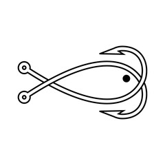 Logo de pesca. Restaurante de pescado y marisco. Silueta de anzuelos de pesca cruzados con forma de pescado