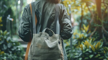 Fototapeta premium Man with Canvas Bag Exploring Lush Green Botanical Garden