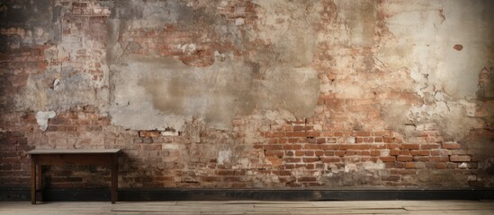 Obraz premium old ruined brickwork and a surface of vintage wooden boards. copy space available