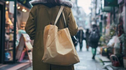 Obraz premium Woman with Eco-Friendly Tote Bag Walking in Urban Shopping Street