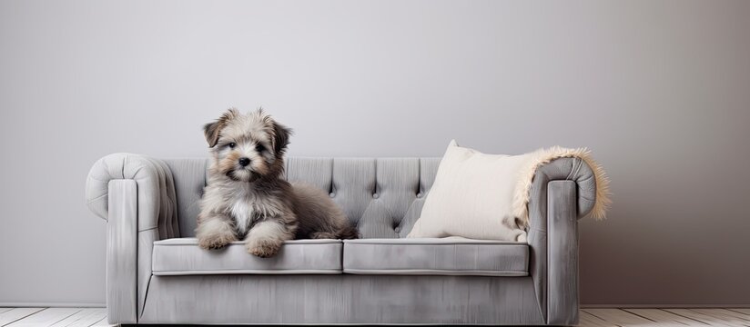 Cute Fluffy Puppy Relaxing on Gray Sofa. copy space available