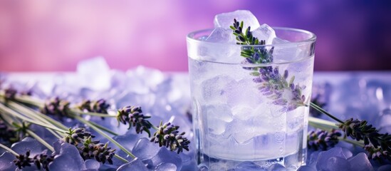 Purple lavender flower drink margarita alcohol cocktail with ice cubes and lavender flowers copy...