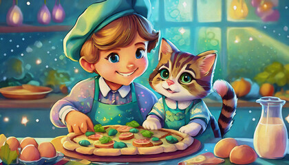 oil painting style cartoon character boy and cute cat bonding while making homemade pizza together in kitchen,