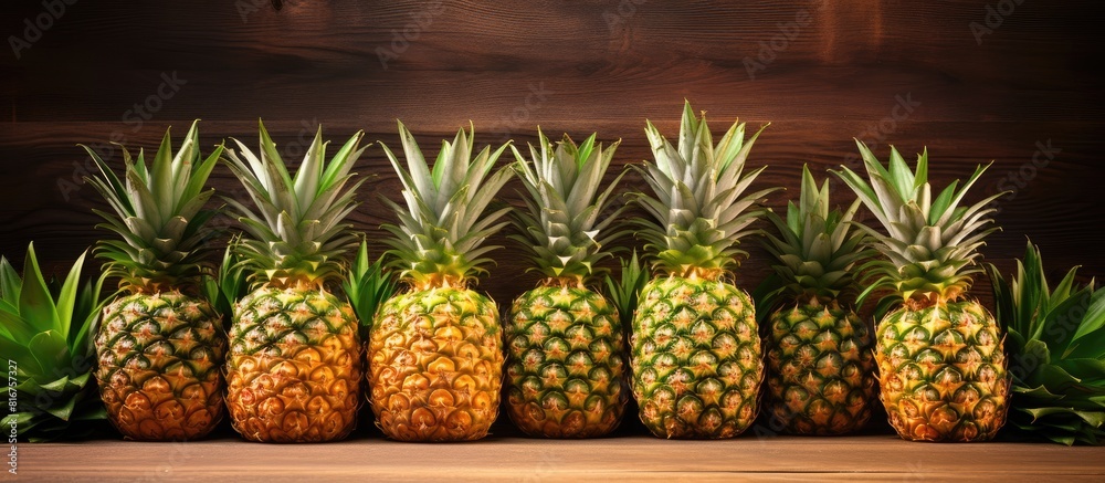 Poster ripe pineapples neatly arranged in raw with copy space over wooden and nature background