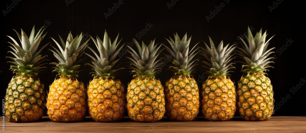 Poster ripe pineapples neatly arranged in raw with copy space over wooden and nature background