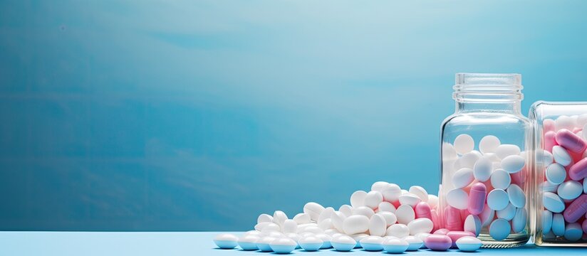 White and pink pills tablets and white bottle on blue background Copy space for text