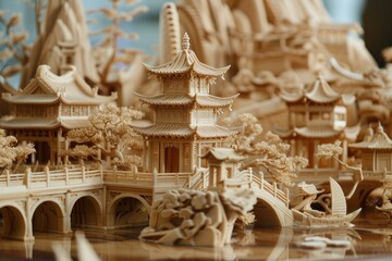 Closeup of an exquisitely carved wooden model depicting a traditional asian pagoda scene