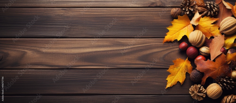 Poster autumn still life with yellow leaves nuts on a wooden background view from above. copy space availab