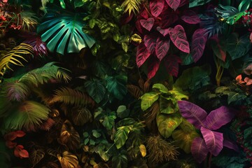 Lush and vibrant tropical jungle foliage background with dense greenery. Colorful leaves. And exotic flora creating a vibrant and natural rainforest botanical wallpaper pattern