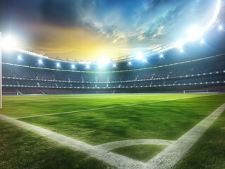 A vibrant football stadium under bright lights with a lush green field, captured at sunset. The empty stands and dramatic sky create a sense of anticipation and excitement.