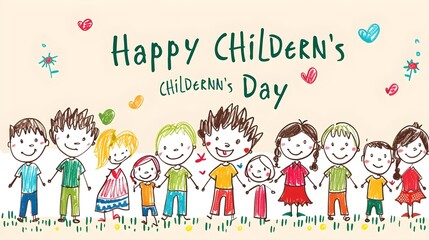 Fototapeta premium a group of cartoon children's holding hands with text in background happy children's day