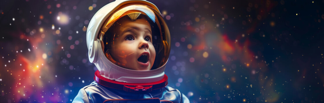 Cheerful child wearing astronaut suit in space. Kid in spacesuit watching meteorites and stars. Children dreams concept. - Powered by Adobe