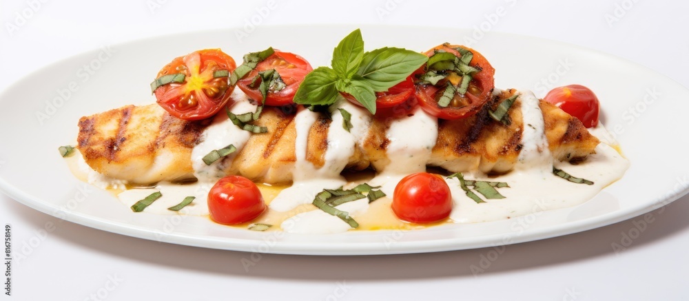 Poster lula kebab with fried fish fillet basil onion lemon slice pepper cherry tomatoes and white sauce on 