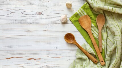 Wooden kitchen utensils with green checkered towel on white wooden background