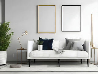 Frame mockup, ISO A paper size. Living room wall poster mockup. Interior mockup with house background. Modern interior design. 3D render