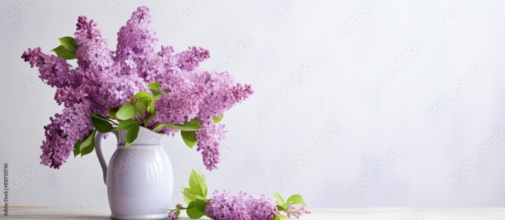 Poster a huge bouquet of lilacs in a large vase isolated on a light gray background still life with flowers