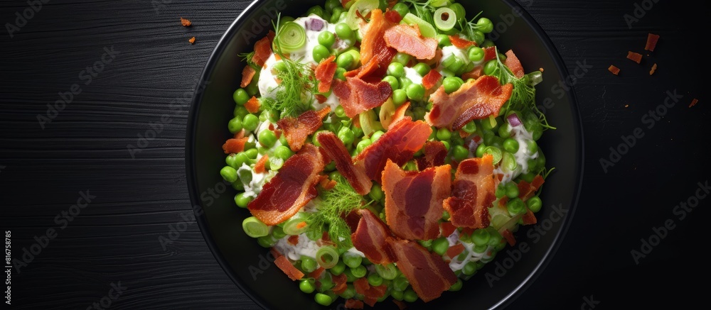 Poster homemade creamy bacon pea salad in a bowl on a black surface top view flat lay overhead from above c