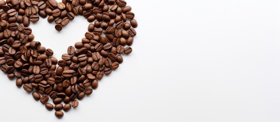 I love coffee concept top view of a cup of coffee with the roasted coffee beans aligned to heart shape on the white table. copy space available