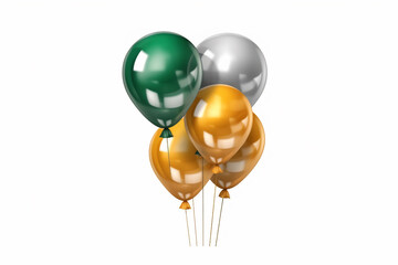 Set of golden, green and silver metallic glossy colors balloons with strings. For birthdays, parties, weddings or promotion banners or posters. Vivid and realistic illustration