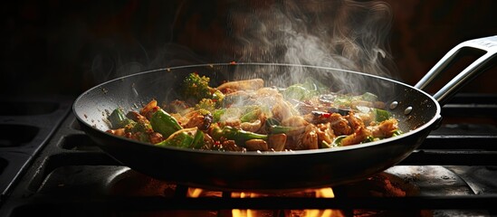 Homemade food being cooked in a pan depicting an image related to the cooking concept with copy space