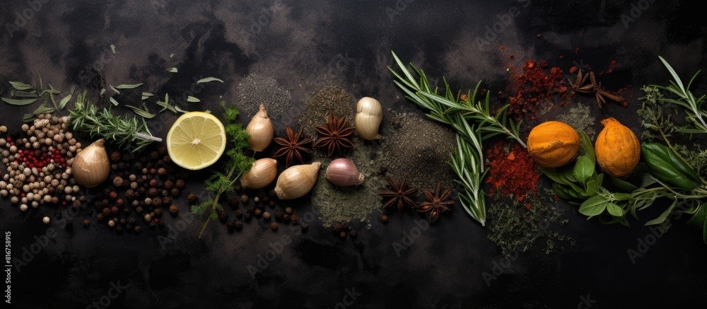 Poster herbs and spices over black stone background top view with copy space