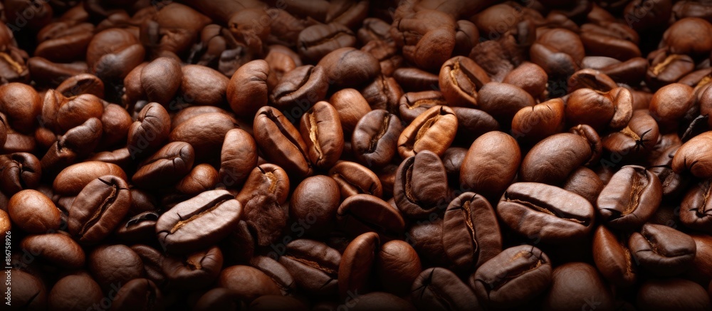 Poster High resolution copy space image of a close up macro shot capturing the mood and background of roasted coffee beans