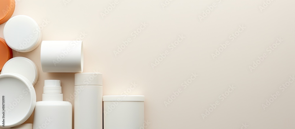 Poster group of plastic bodycare bottle flat lay composition with cosmetic products on colored background e