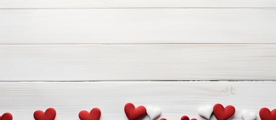 Red hearts on a white wooden background Place for text copy space - Powered by Adobe