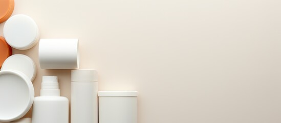 Group of plastic bodycare bottle Flat lay composition with cosmetic products on colored background empty space for you design Set of White Cosmetic containers top view with copy space