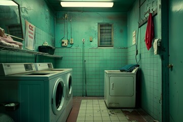Oldfashioned laundromat scene with antique washers and a grungy aesthetic