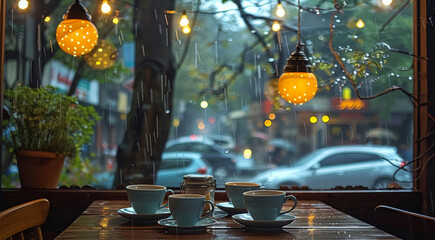 A cozy cafe with warm lighting, coffee cups on a table, view from an outside window, a rainy day...