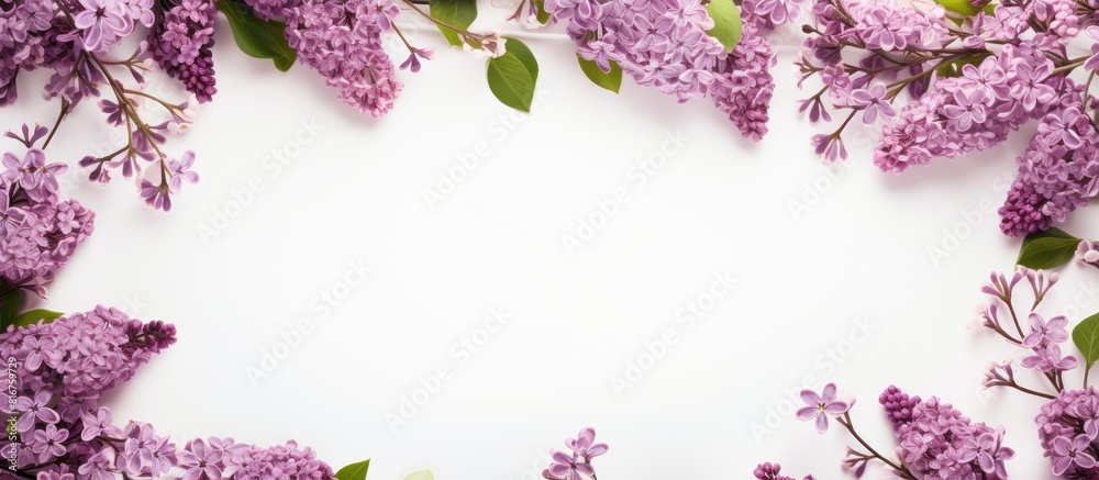 Poster a frame of lilac flowers branches leaves and petals with space for text on a white background flat p