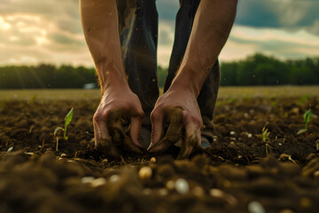 Hands planting seedlings in soil at sunset