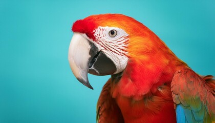 A vibrant parrot with rich red, blue, and yellow feathers. The background is a solid, vivid
