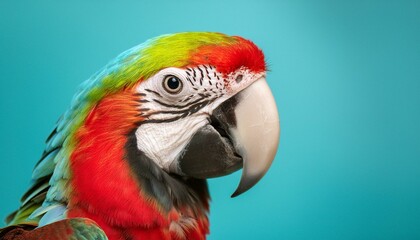 Obraz premium A vibrant parrot with rich red, blue, and yellow feathers. The background is a solid, vivid