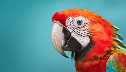 Fototapeta premium A vibrant parrot with rich red, blue, and yellow feathers. The background is a solid, vivid