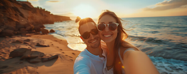 Happy couple taking selfie on sunny beach at sunset - Powered by Adobe