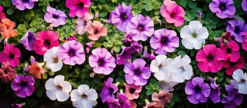 flowerbed of pitunia flowers in different shades Gardening concept Template for design Copy space