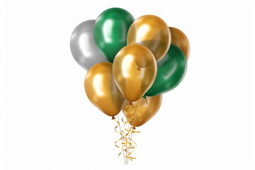 Set of golden, green and silver metallic glossy colors balloons with strings. For birthdays, parties, weddings or promotion banners or posters. Vivid and realistic illustration